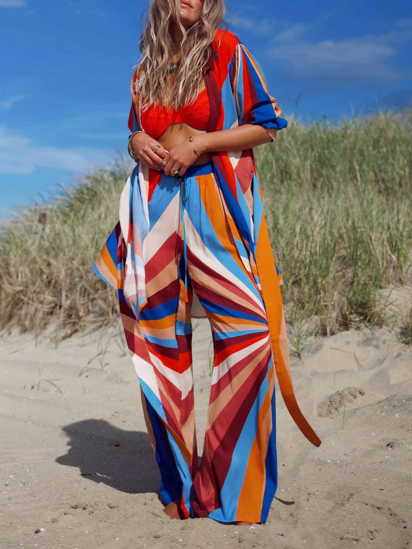Geometric Striped Tie-Waist Shirt Set