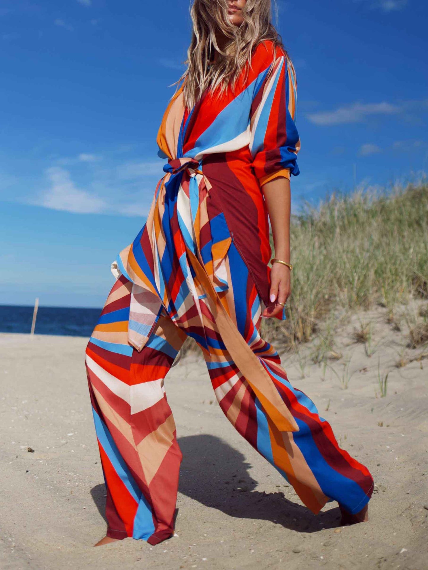 Geometric Striped Tie-Waist Shirt Set
