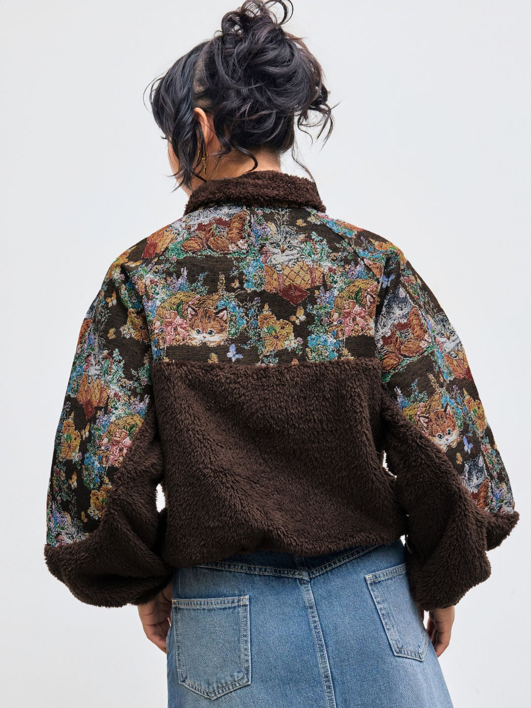 Fleece Collar Floral Cat Knotted Sweatshirt