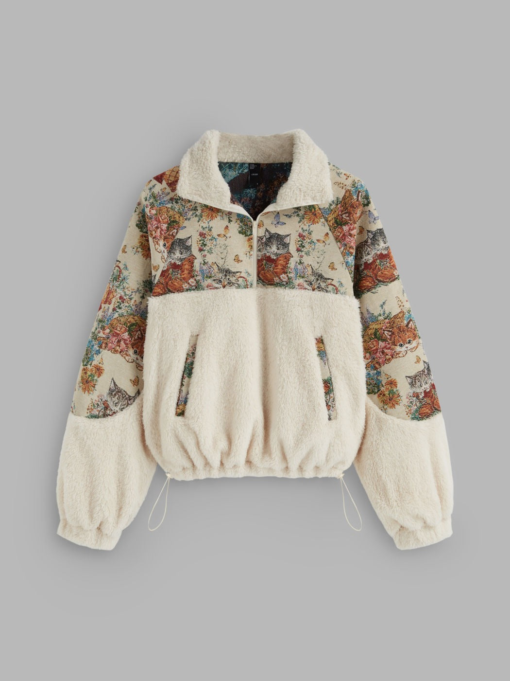 Fleece Collar Floral Cat Knotted Sweatshirt