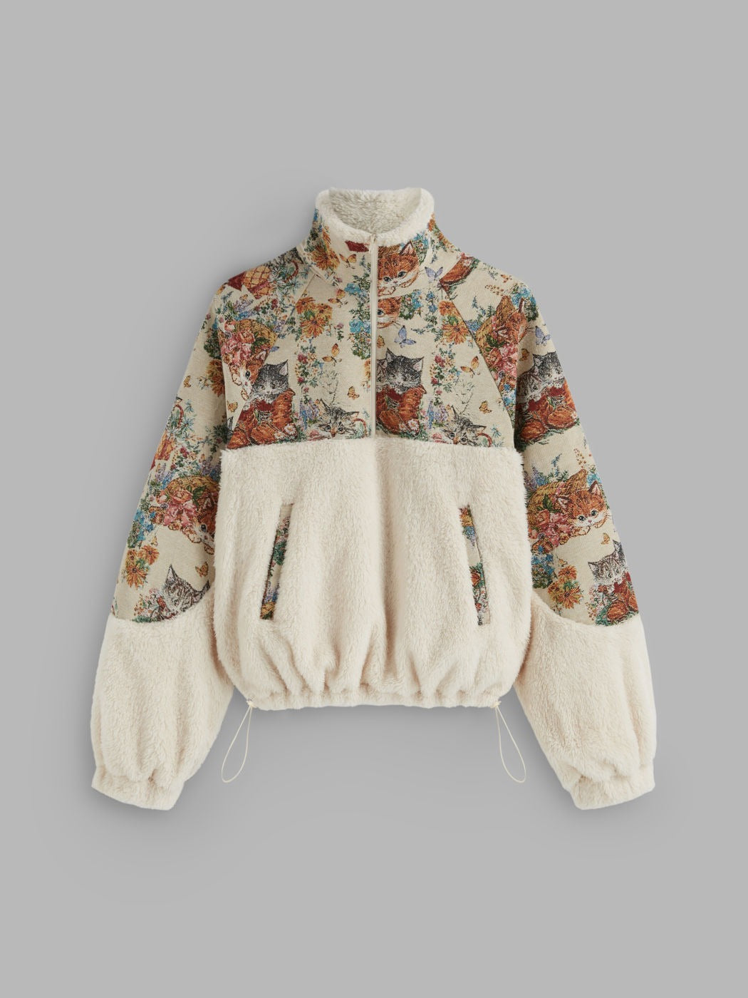 Fleece Collar Floral Cat Knotted Sweatshirt