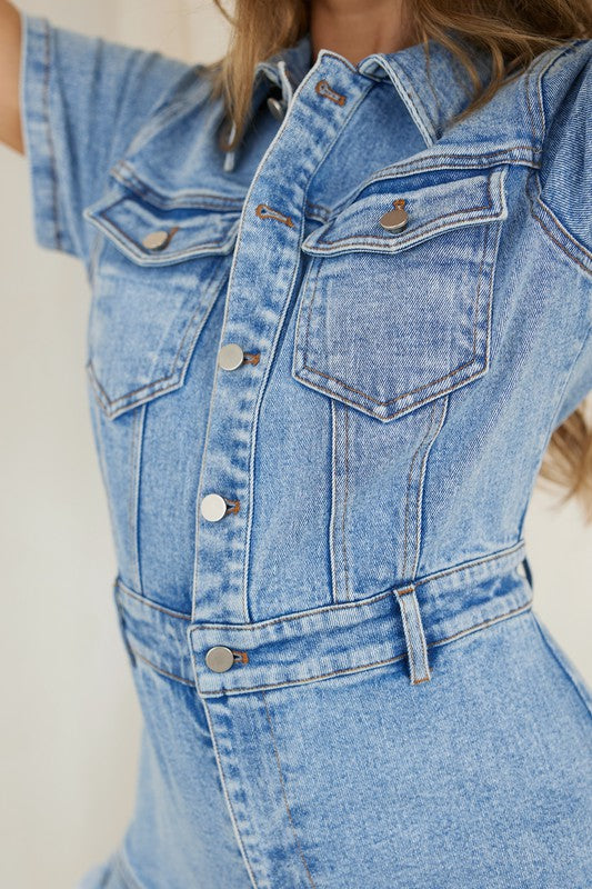 Denim Button Down Frayed Hem Romper Medium