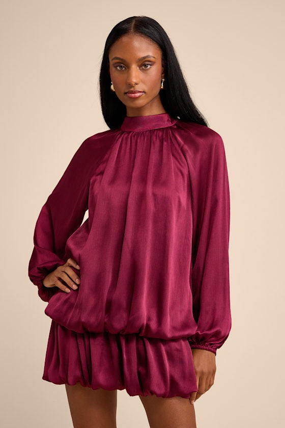 Burgundy Satin Drop Waist Bubble-Hem Mini Dress
