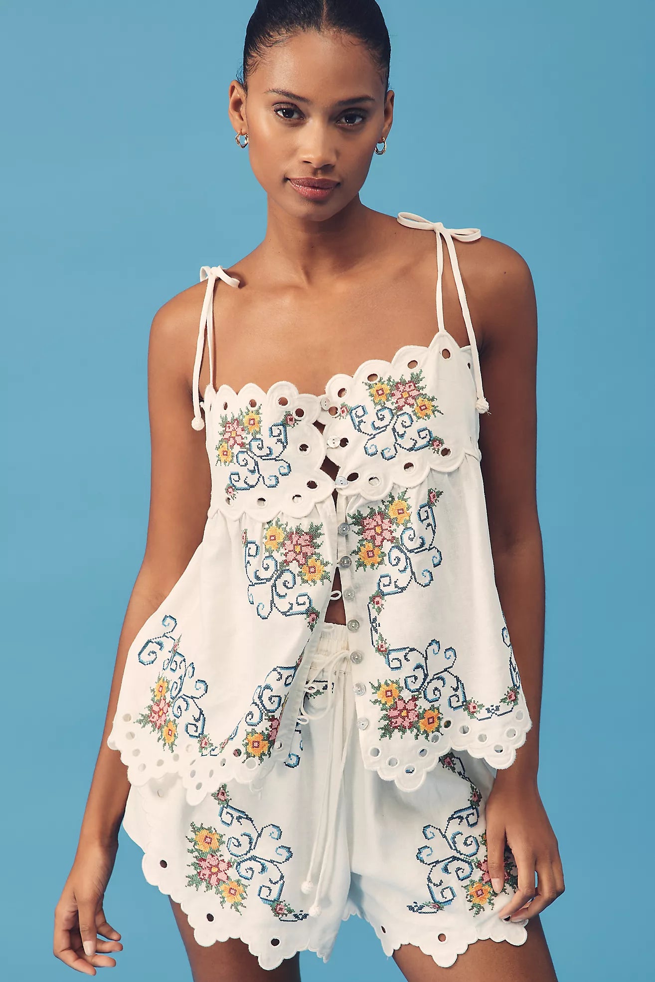 Linen-Blend Sleeveless Eyelet Suit