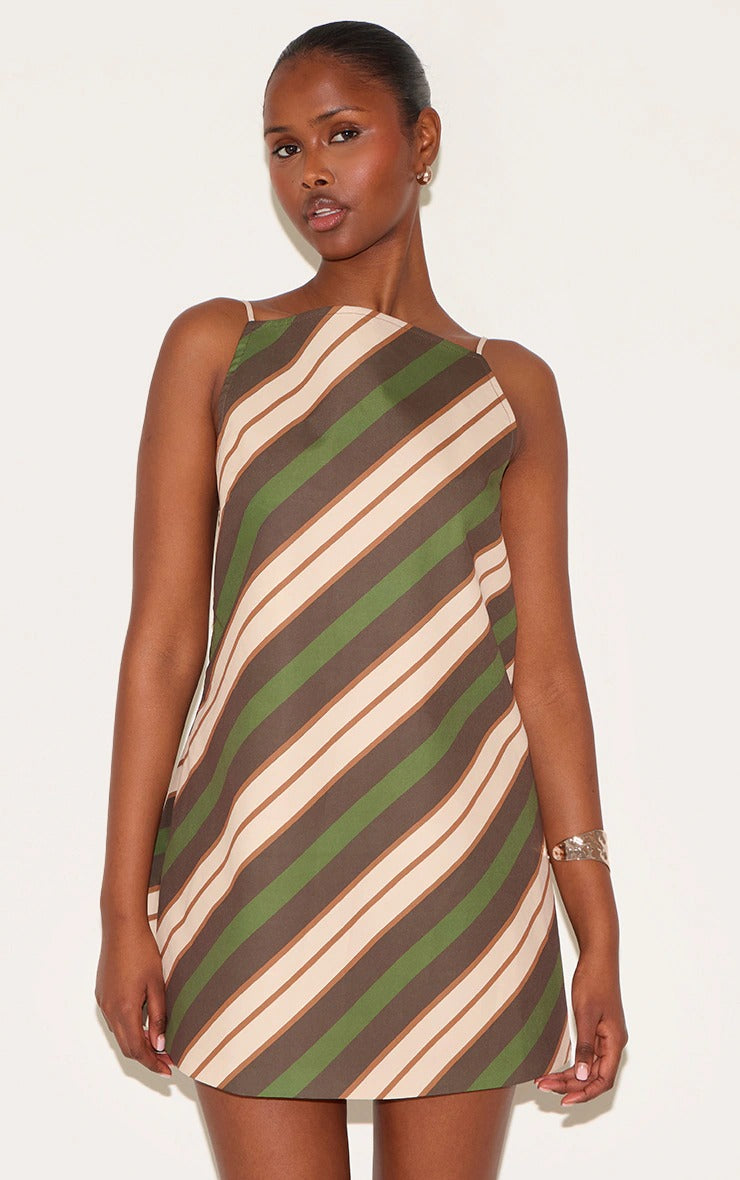 Green Striped A-line Dress OnceForYou Green Striped A-line Dress OnceForYou
