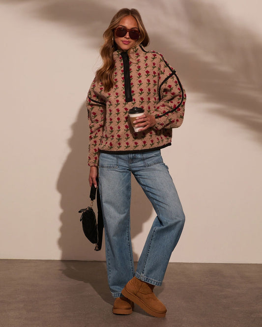 Cozy Rose Print Fleece Pullover