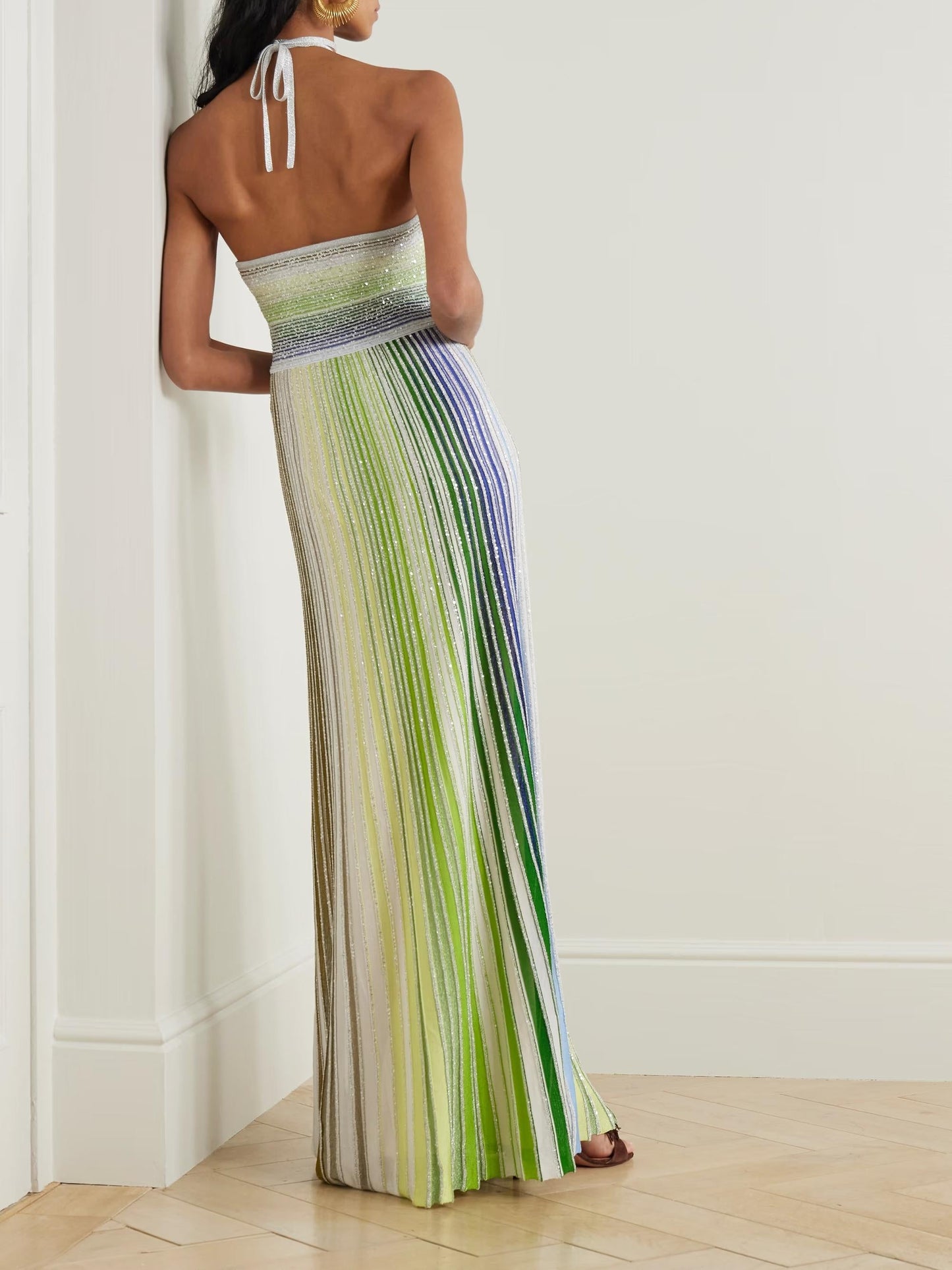 Sequin-Embellished Metallic Crochet-Knit Halterneck Maxi Dress