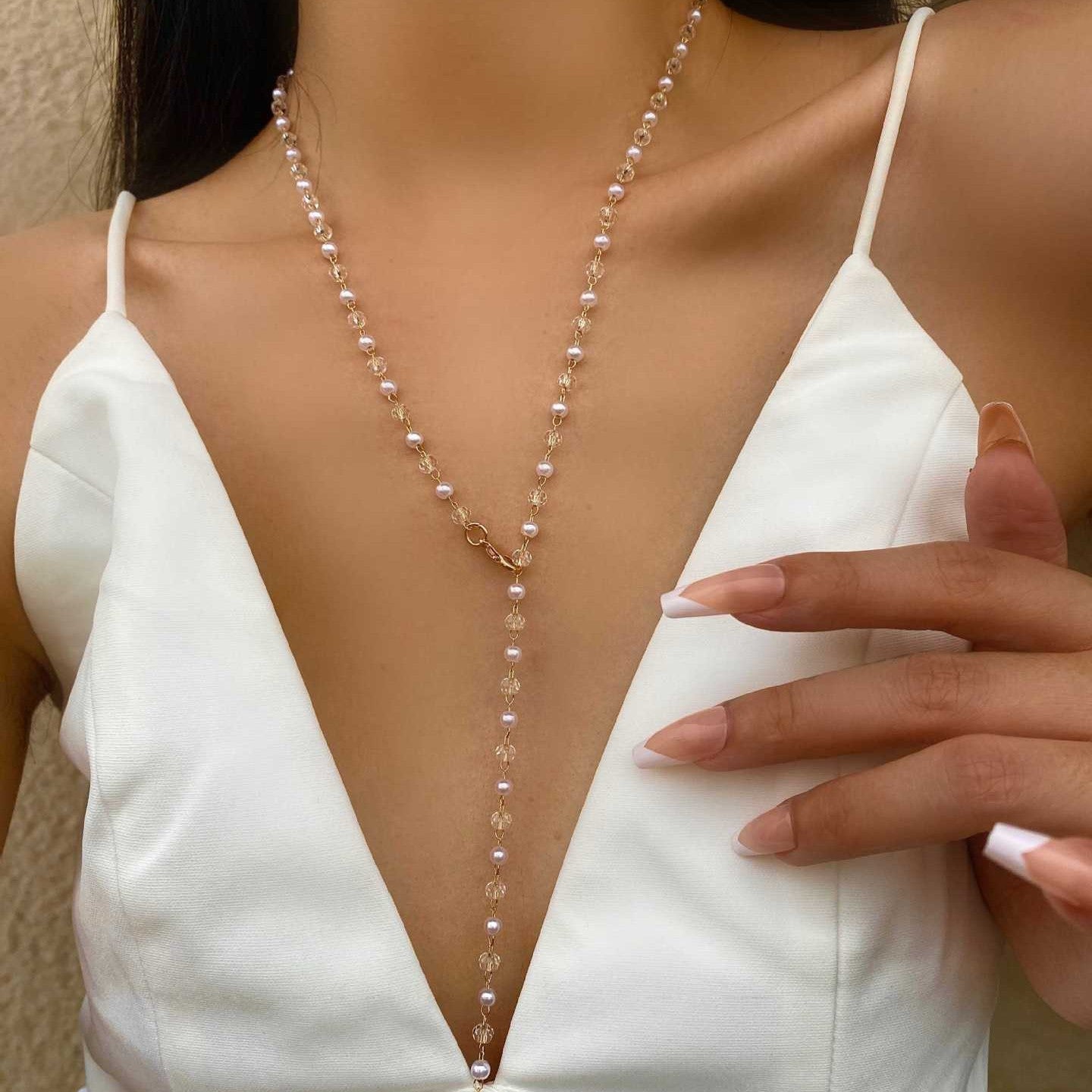 Simple Colorful Crystal Pearl Y-shaped Long Sweater Necklace
