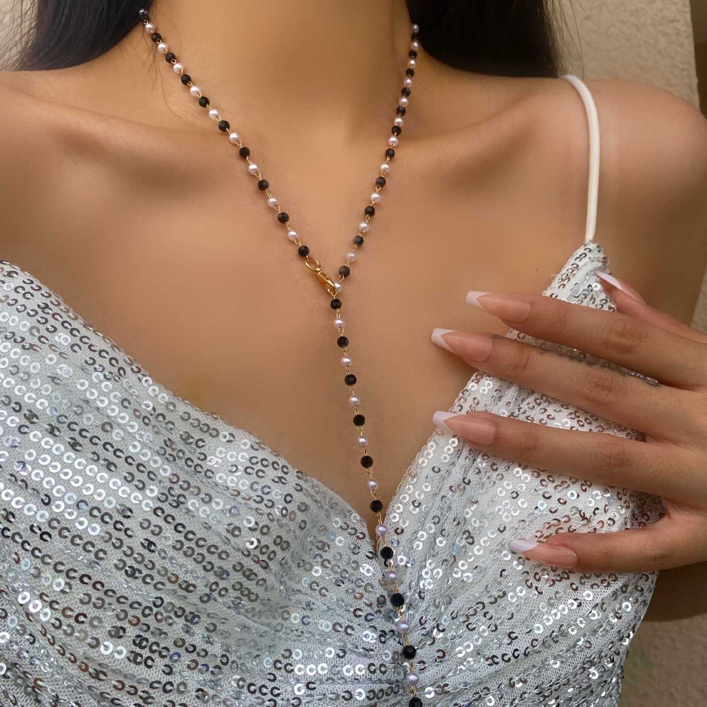 Simple Colorful Crystal Pearl Y-shaped Long Sweater Necklace