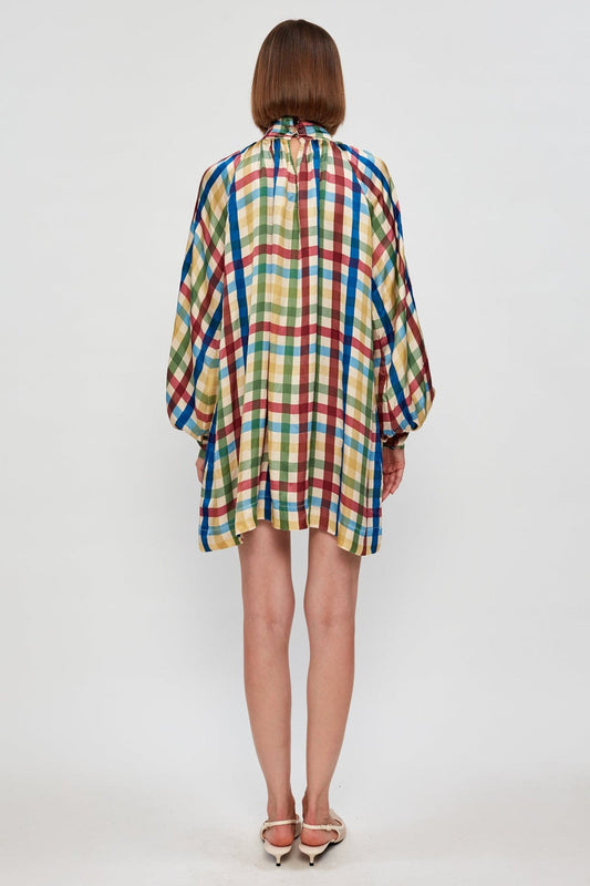 Plaid Bow-Tie Balloon Sleeve Mini Dress