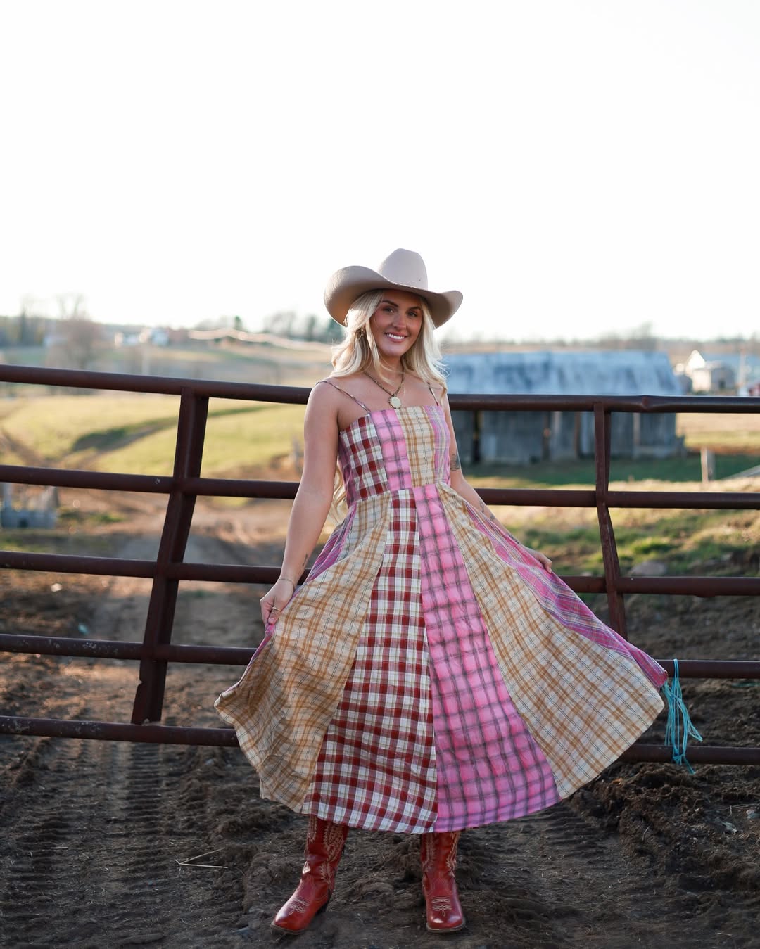 Pink Mixed Plaid Maxi Dress