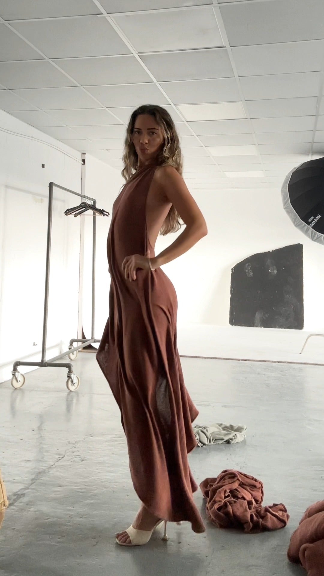 Isla – Asymmetric Ruffle Open Back Dress - Brown