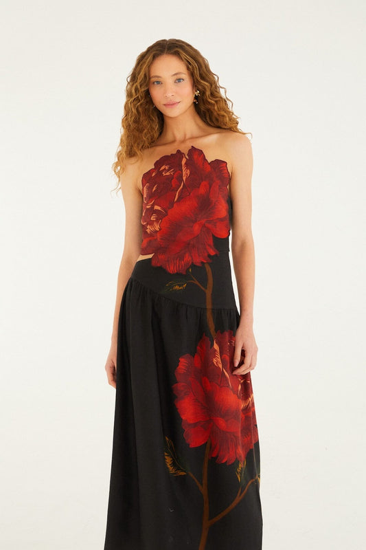 Black Rose Print Midi Dress