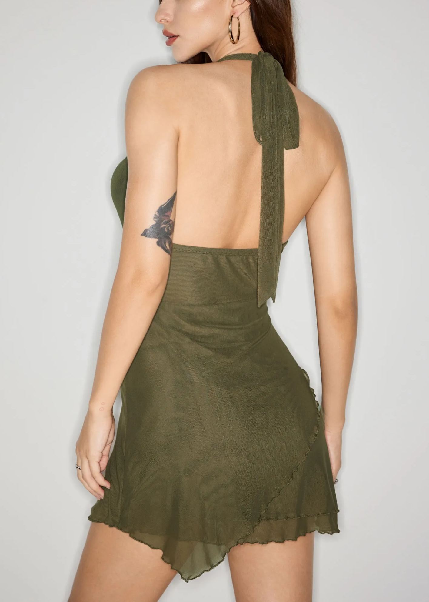 Women's Solid Color Plunging Backless Tie Neck Mini Dress