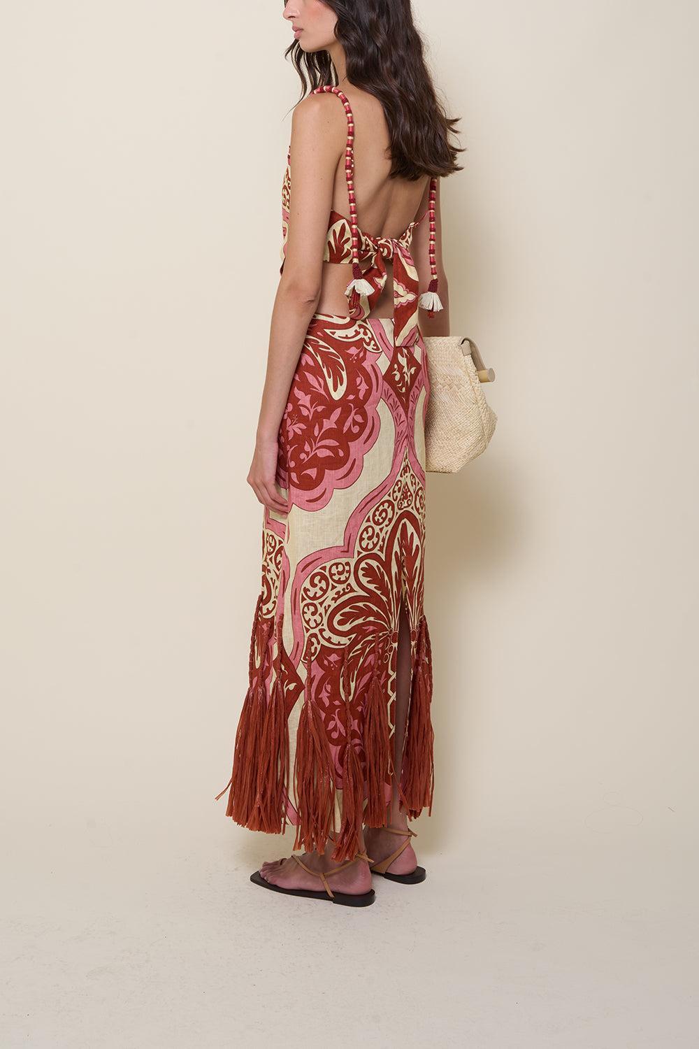 Cutout Fringe Trim Linen Maxi Dress