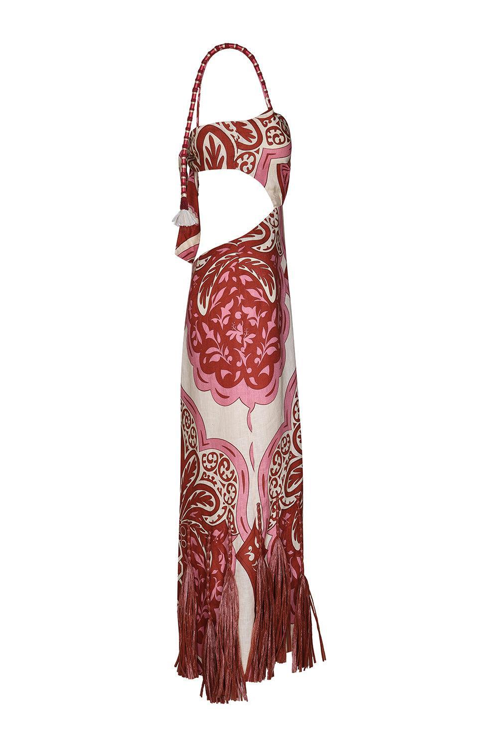 Cutout Fringe Trim Linen Maxi Dress