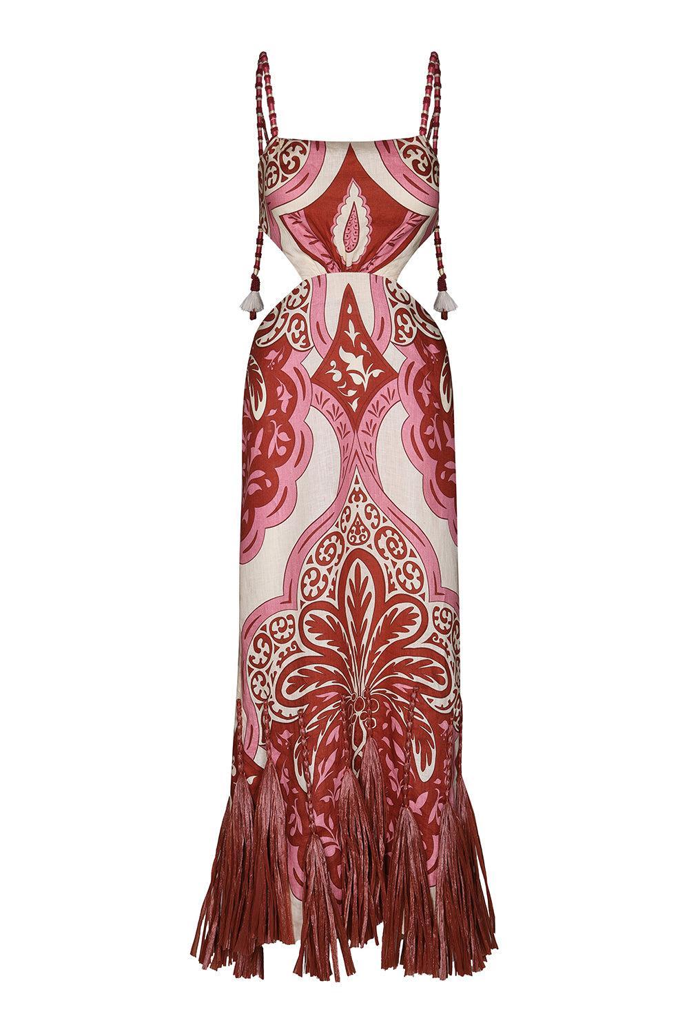 Cutout Fringe Trim Linen Maxi Dress