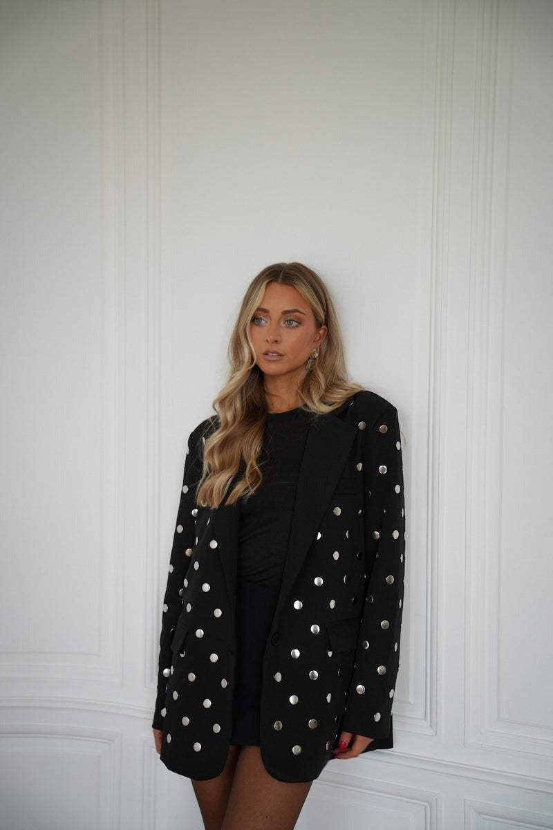 Black Metal-Studded Statement Blazer