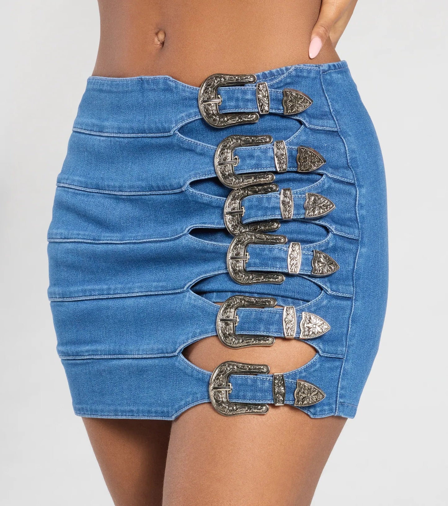 Buckle Down High-Rise Denim Skirt