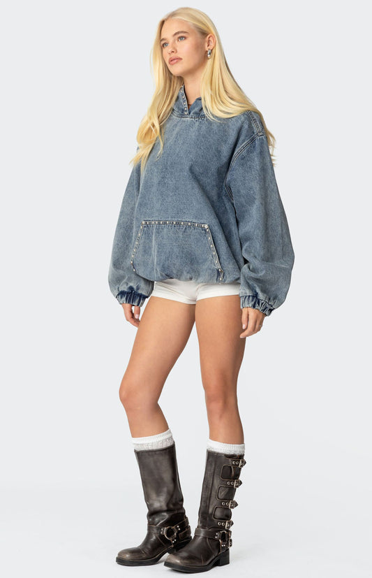 Oversized Studded Denim Hoodie