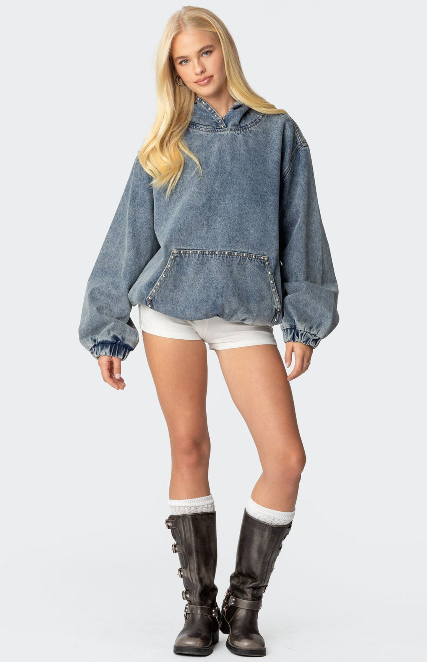 Oversized Studded Denim Hoodie