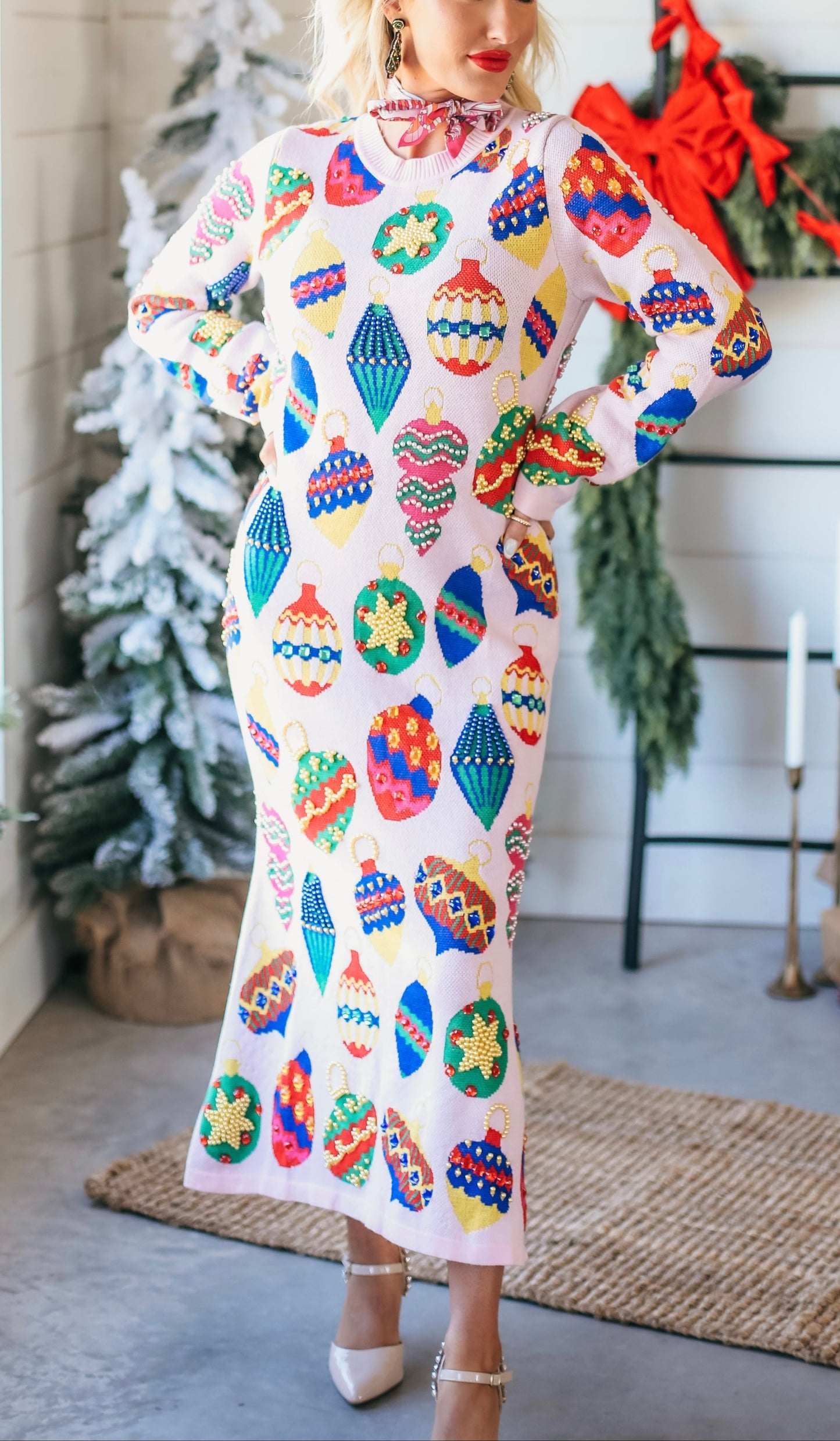 Queen Of Sparkels Multi Jeweled Ornament Knit Midi Dress