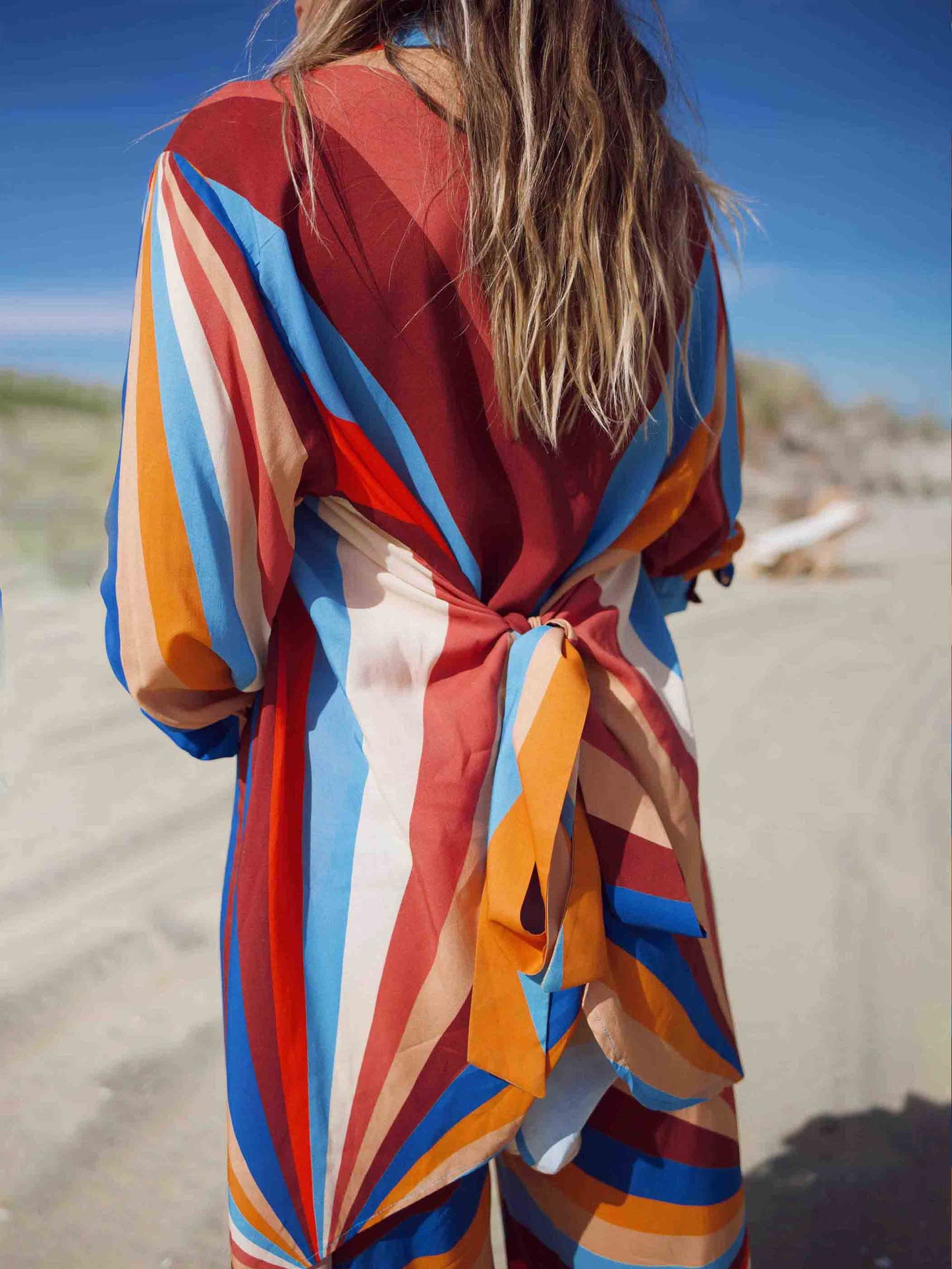 Geometric Striped Tie-Waist Shirt Set