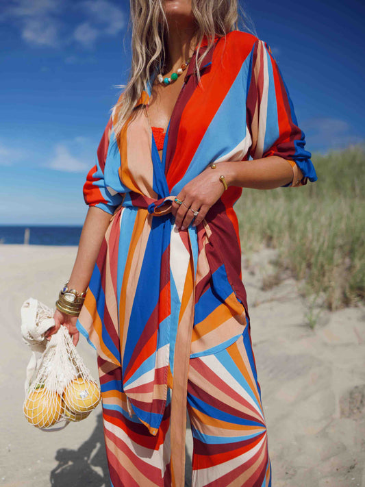 Geometric Striped Tie-Waist Shirt Set
