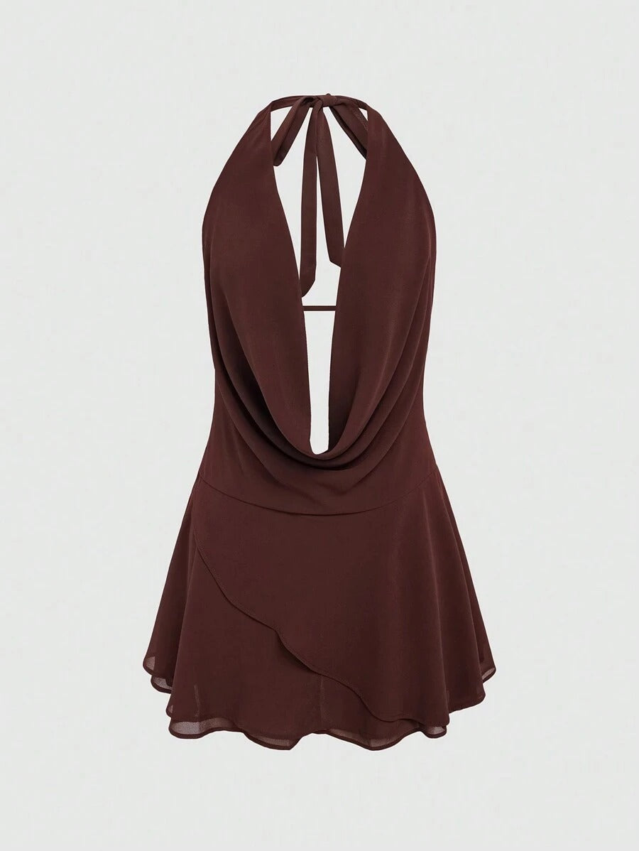 Women's Solid Color Plunging Backless Tie Neck Mini Dress