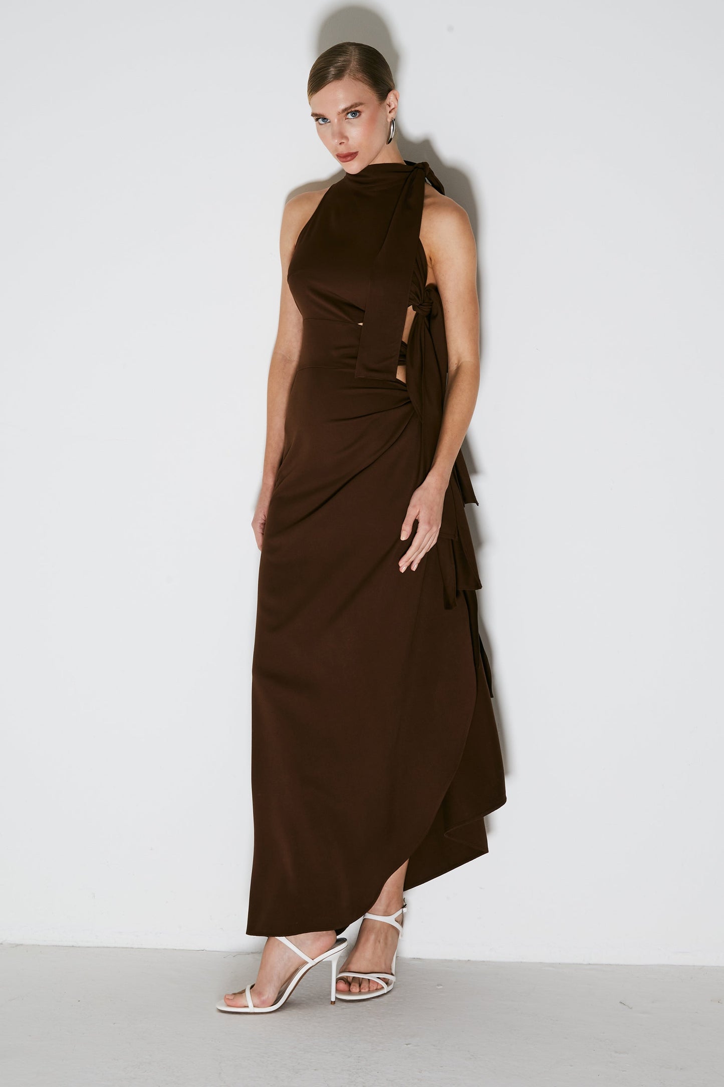 Brown Long High Neck Dress With Side Ties