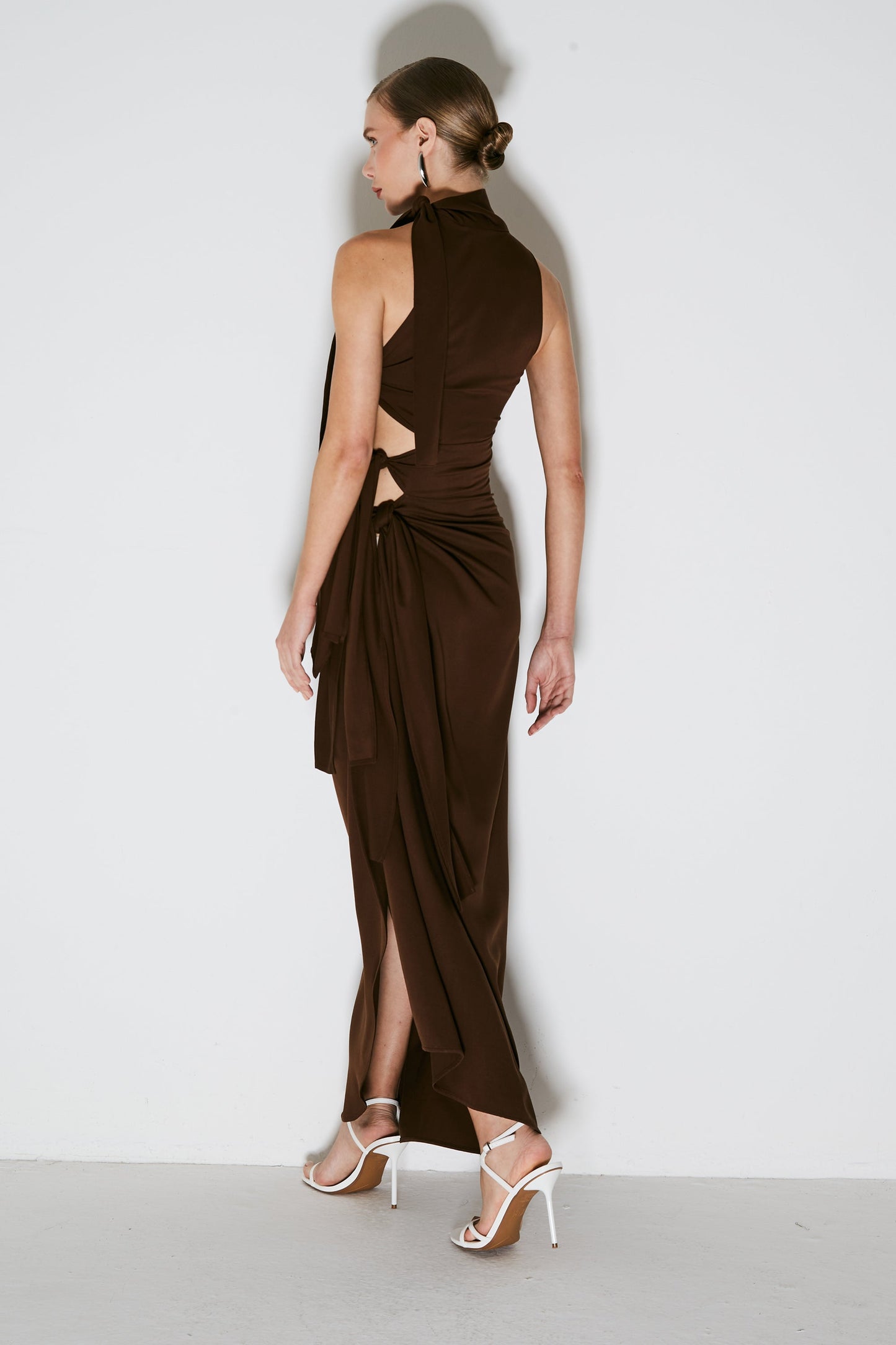 Brown Long High Neck Dress With Side Ties