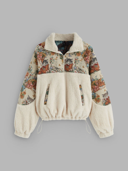 Fleece Collar Floral Cat Knotted Sweatshirt