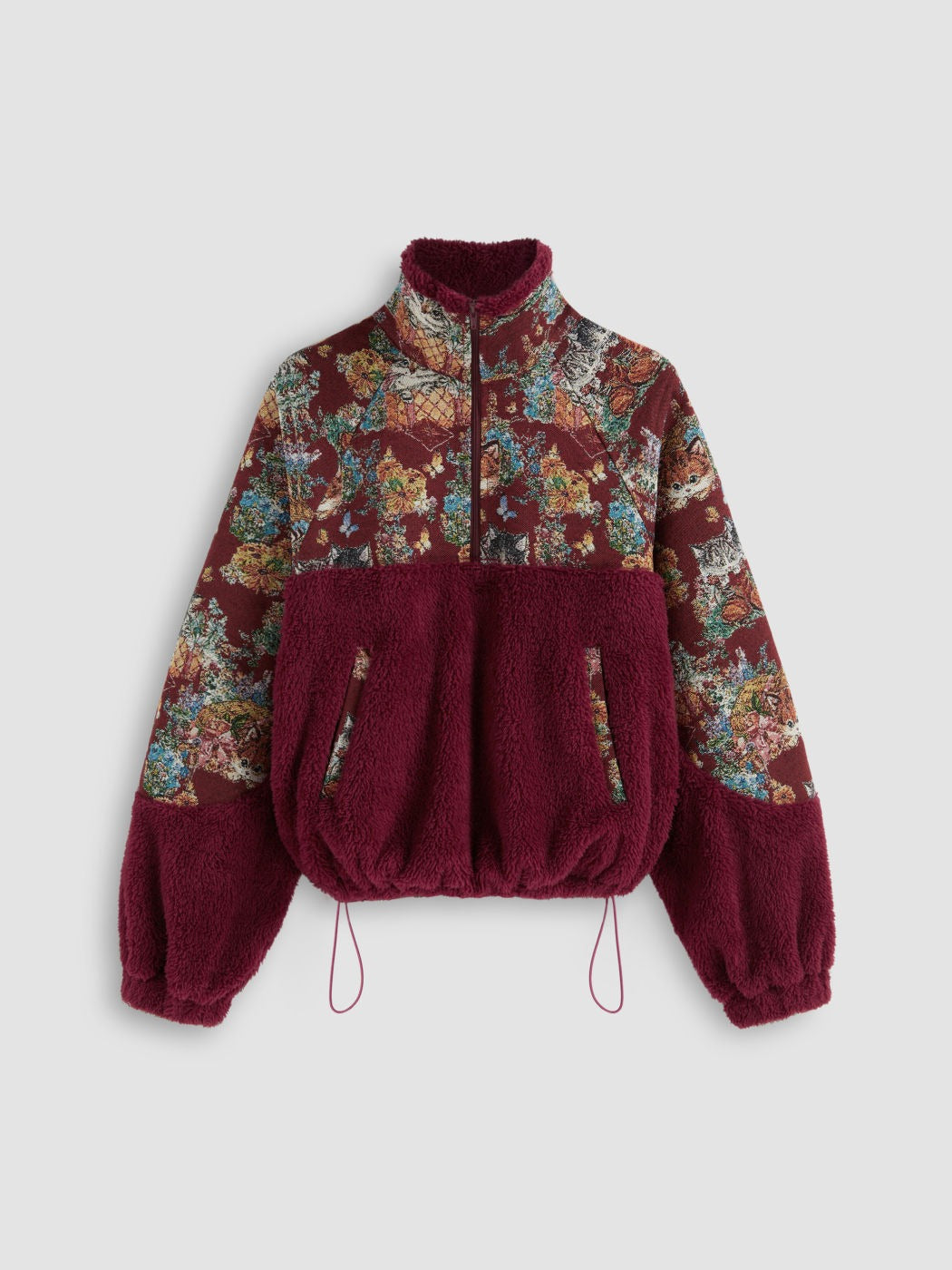 Fleece Collar Floral Cat Knotted Sweatshirt