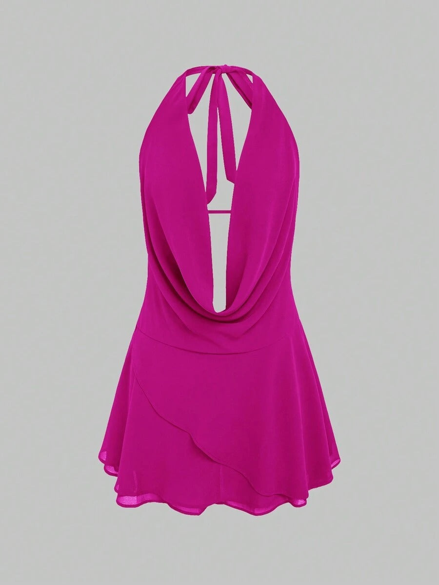 Women's Solid Color Plunging Backless Tie Neck Mini Dress