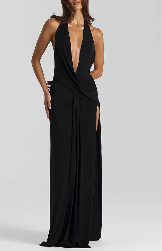 Deep V Halter Maxi Dress with High Slit