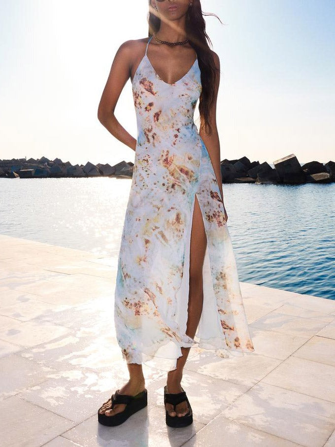 Sexy Abstract Floral Print V-Neck Slit Maxi Dress