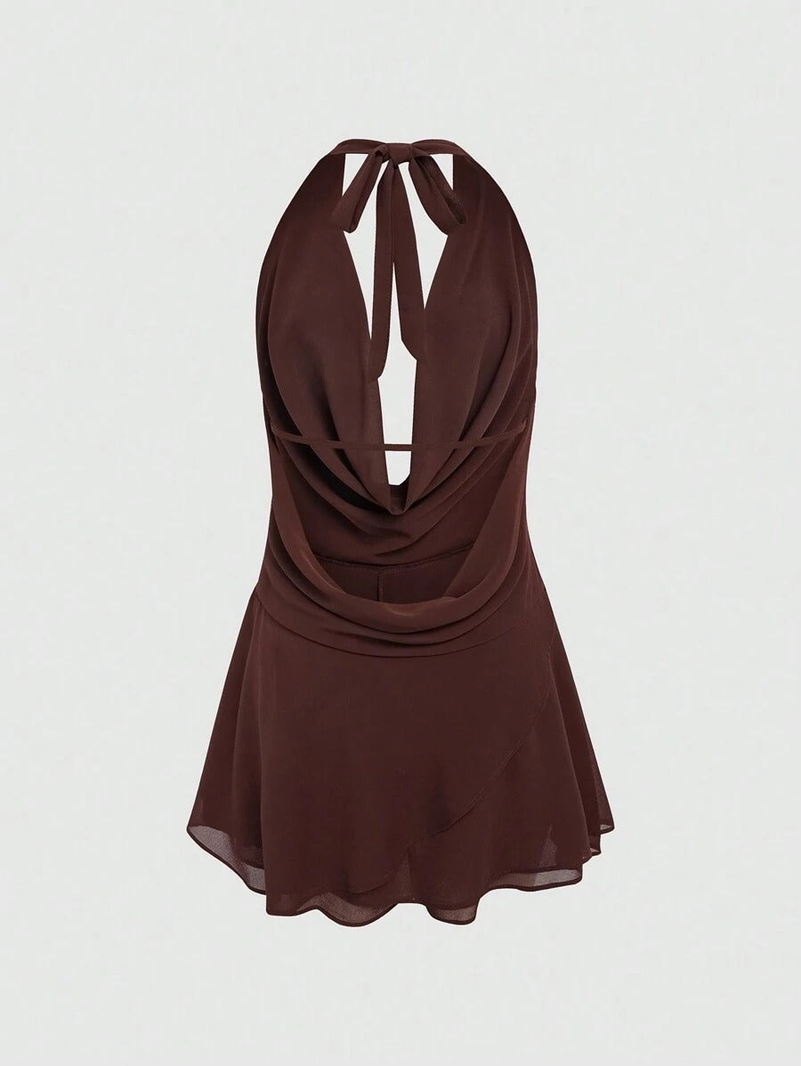 Women's Solid Color Plunging Backless Tie Neck Mini Dress