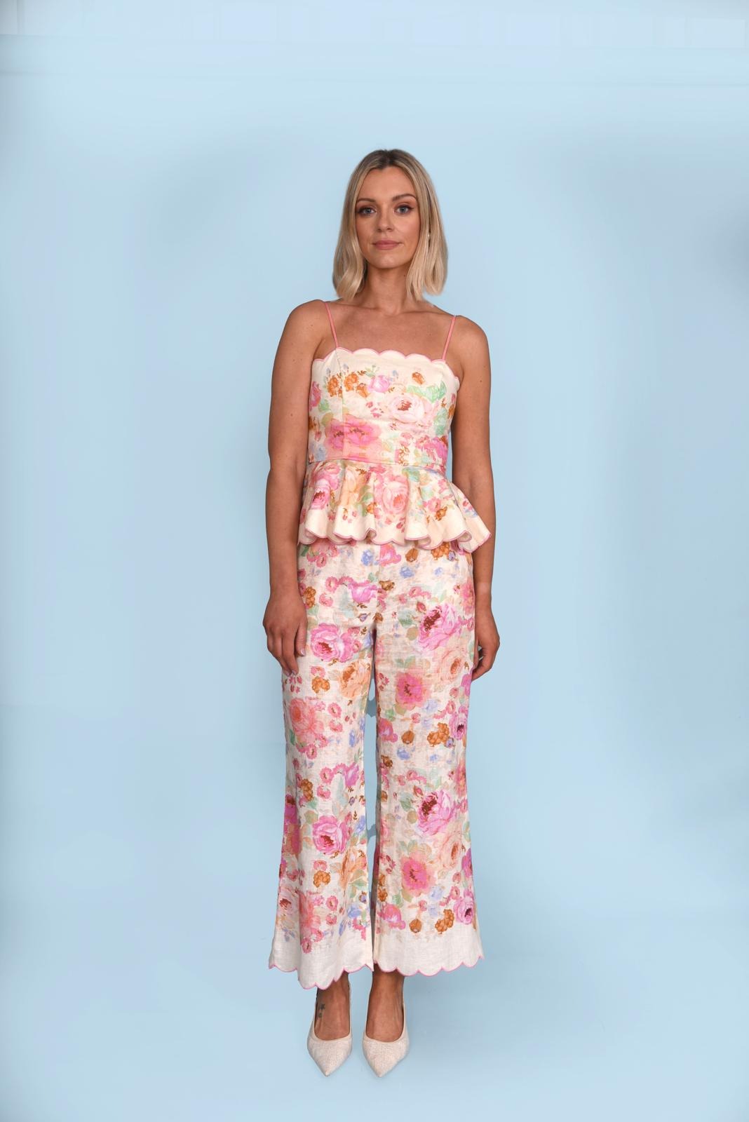 Floral suspenders cropped flared pants suit