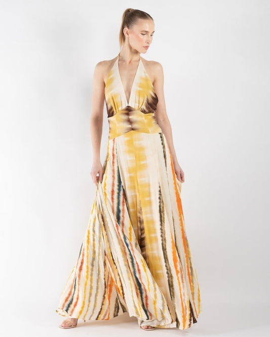 Tie-Dye Print Halter Backless Maxi Dress