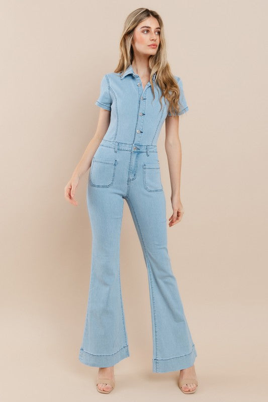 Light Denim Denim Flared Jumpsuit