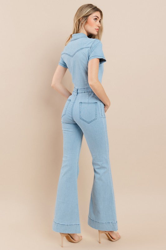 Light Denim Denim Flared Jumpsuit