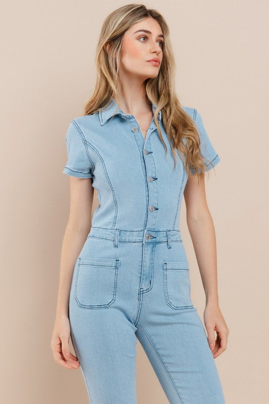 Light Denim Denim Flared Jumpsuit