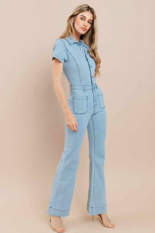 Light Denim Denim Flared Jumpsuit