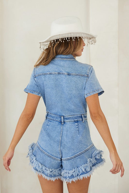 Denim Button Down Frayed Hem Romper Medium