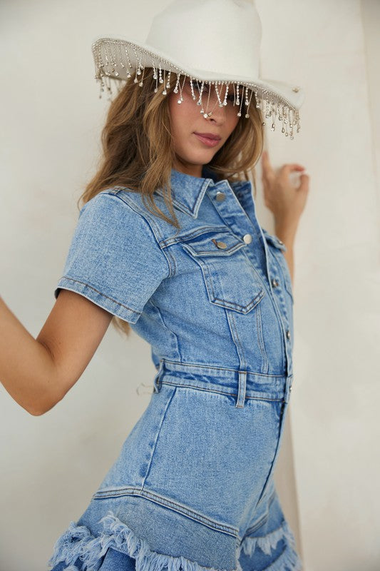 Denim Button Down Frayed Hem Romper Medium