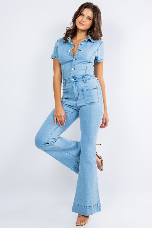 Light Denim Denim Flared Jumpsuit