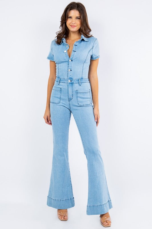 Light Denim Denim Flared Jumpsuit