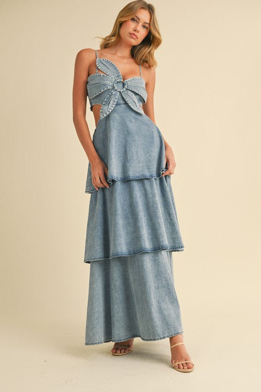 Flower Accent Cut Out Denim Maxi Dress