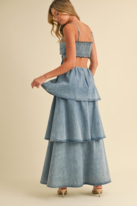Flower Accent Cut Out Denim Maxi Dress