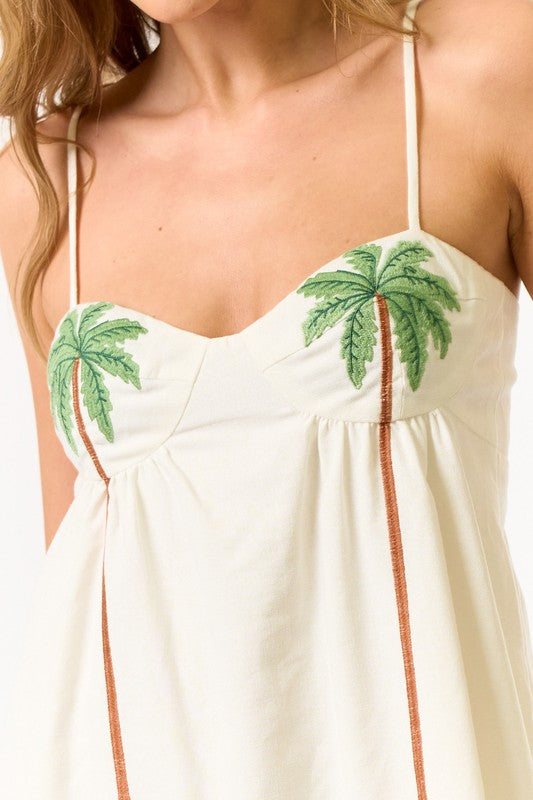 NEWEST ARRIVAL Ivory Palm Tree Bustier Linen Mini Dress